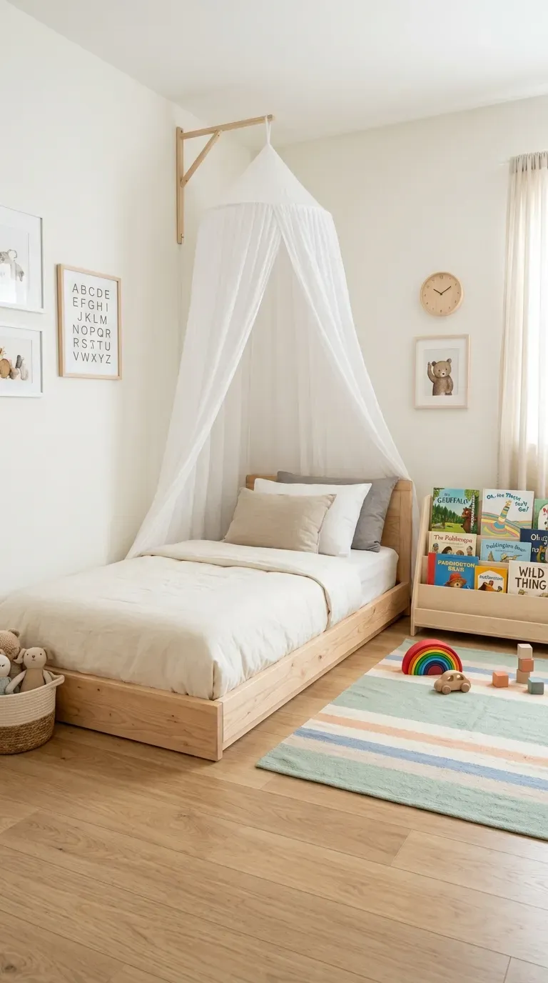 Montessori kids bedroom with low natural wood platform floor bed white canopy frame linen bedding low bookshelf and pastel play mat