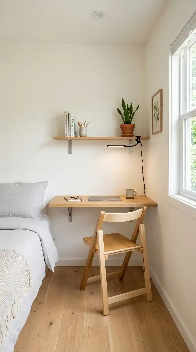 Slim floating oak wall-mounted desk with a wall shelf above and a folding chair tucked beneath in a tiny bedroom corner