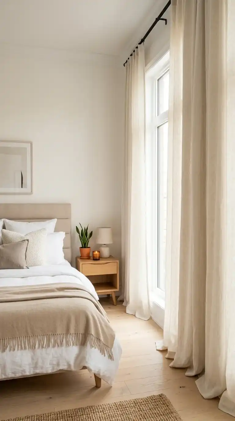 modern bedroom with floor to ceiling ivory linen curtains on ceiling mounted rod beside bed with layered bedding