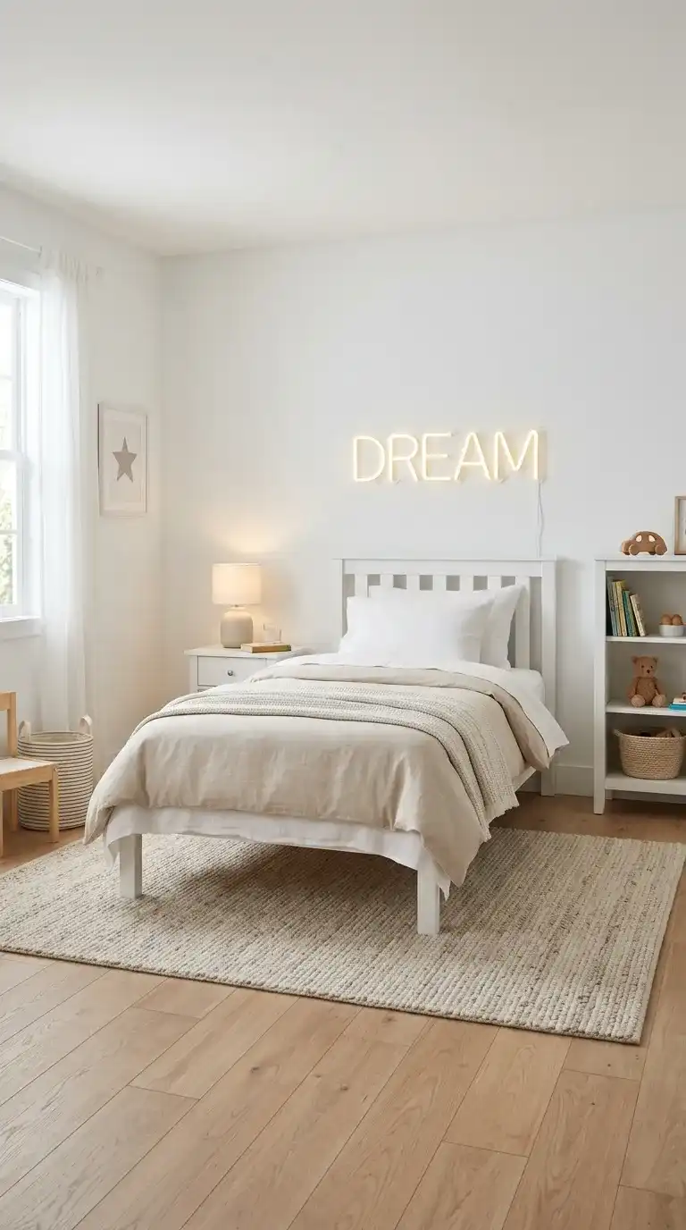 Kids bedroom with warm white LED neon sign glowing on white wall above simple white bed frame white bedding and soft neutral rug