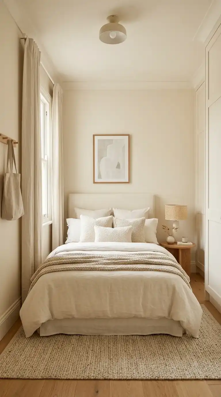 All-cream monochrome tiny bedroom with linen bedding, boucle cushions, cream curtains, and oatmeal woven rug throughout