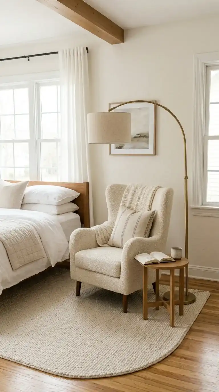 Luxury bedroom reading corner with complete cream bouclé armchair tall brass arc floor lamp round oak side table book and ceramic object