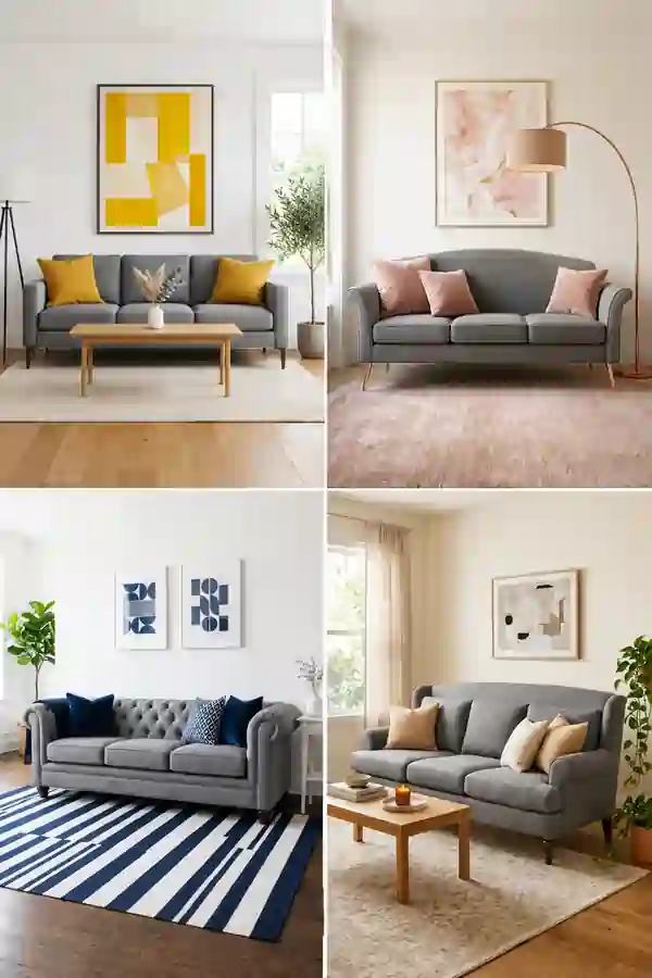 Grey sofa living room ideas displayed in a 2x2 collage featuring modern, elegant, and cozy interiors with colorful accents, stylish rugs, and contemporary wall art.