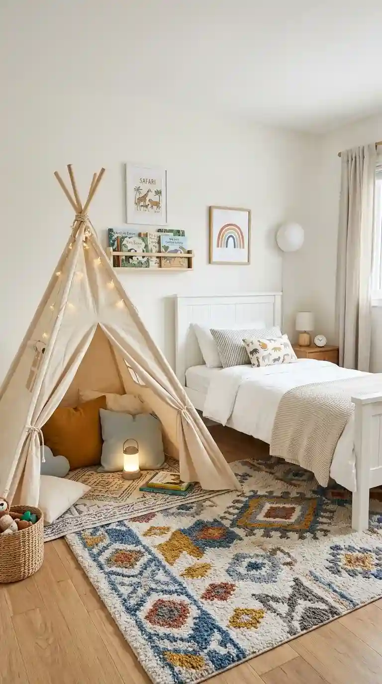 Kids bedroom with complete natural canvas teepee on wooden poles floor cushions glowing lantern inside and white bed visible beside it