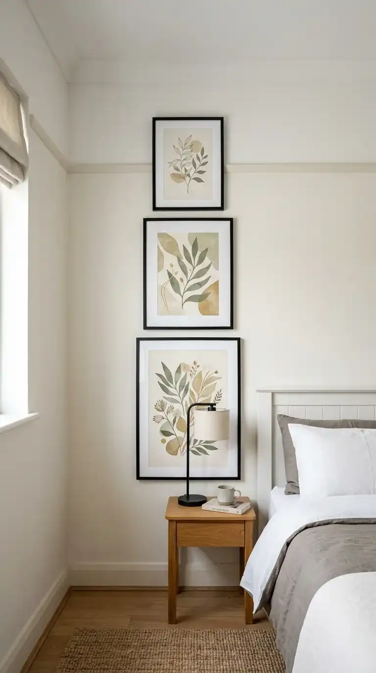Vertical stack of three slim black framed botanical art prints hung above a wooden bedside table in a small bedroom
