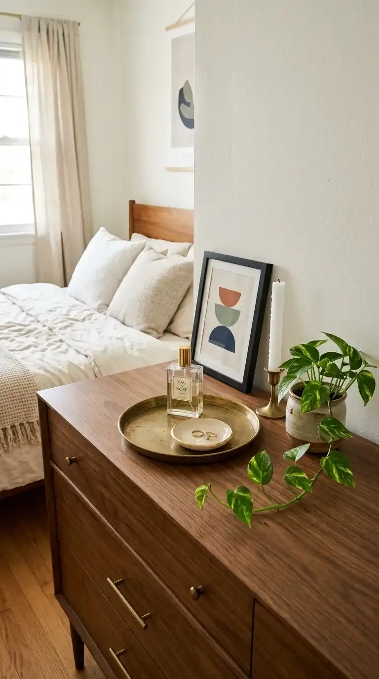 styled walnut dresser top vignette with brass tray perfume bottle white candle pothos plant and small framed print