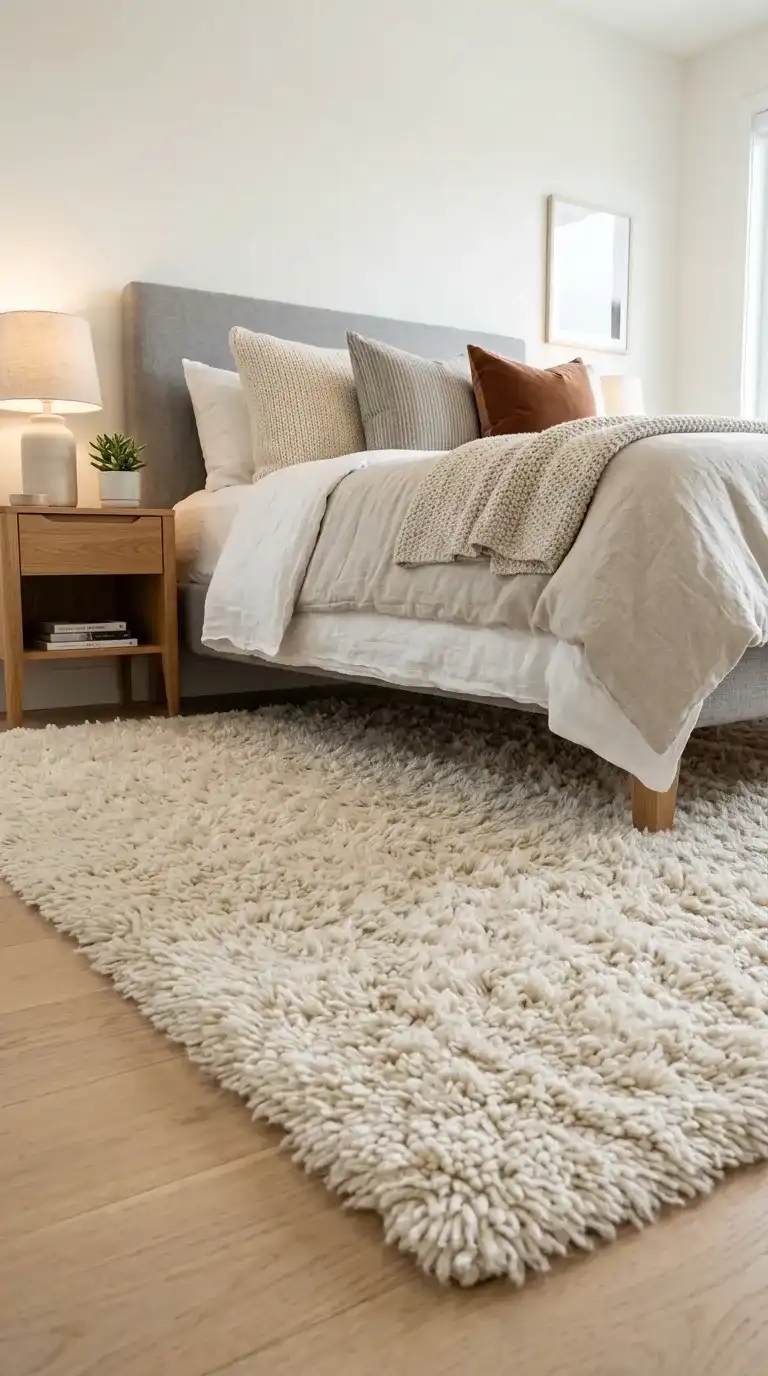 cute bedroom ideas with plush ivory high pile area rug extending under bed with grey linen headboard and white bedding