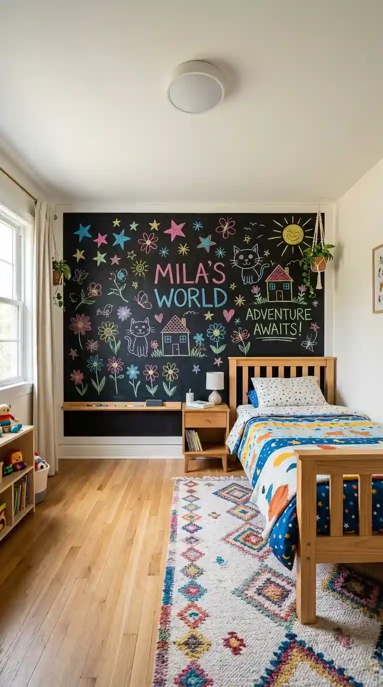 Kids bedroom with full chalkboard wall covered in colorful chalk drawings white border chalk ledge natural wood bed and colorful rug