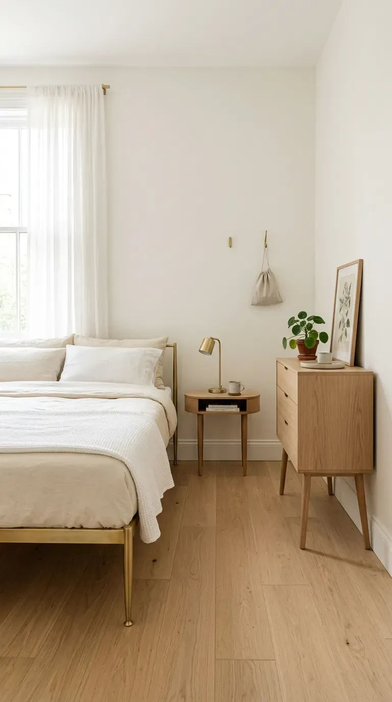 Tiny bedroom with bed, dresser, and side table all on slim tapered legs showing clear open floor space beneath each piece