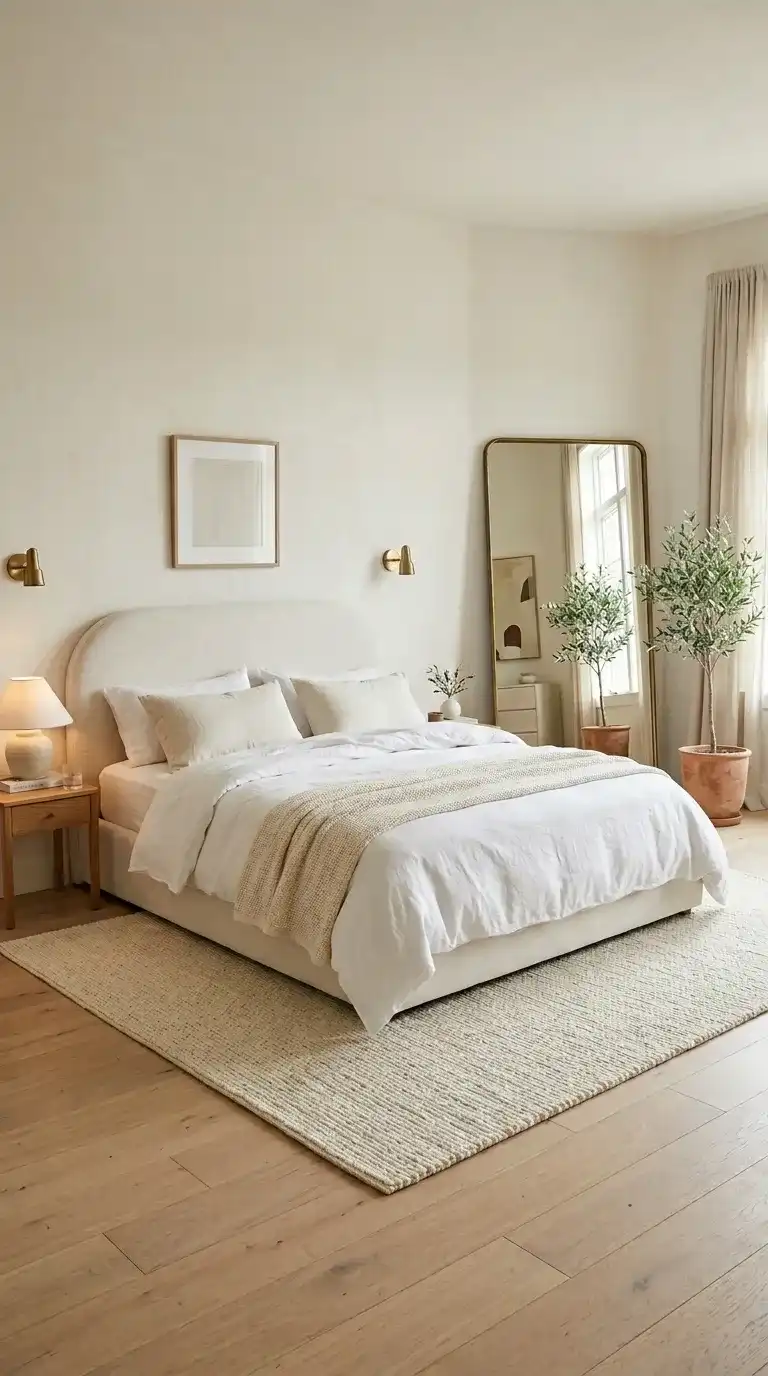 Modern luxury bedroom with complete full-height aged brass framed leaning mirror alongside curved linen headboard and cream wool rug