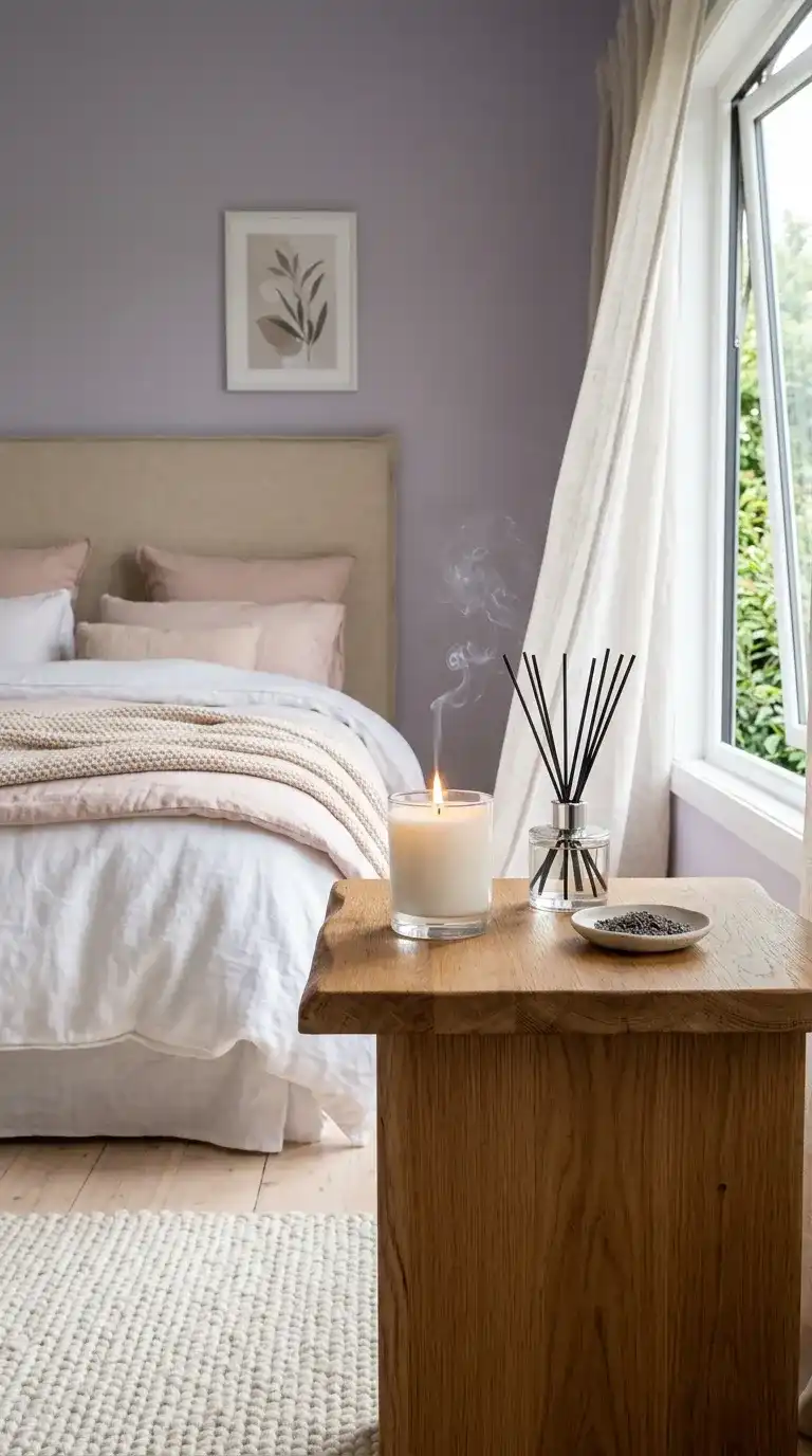 bedroom sanctuary nightstand with lit white candle reed diffuser and dried lavender in ceramic dish