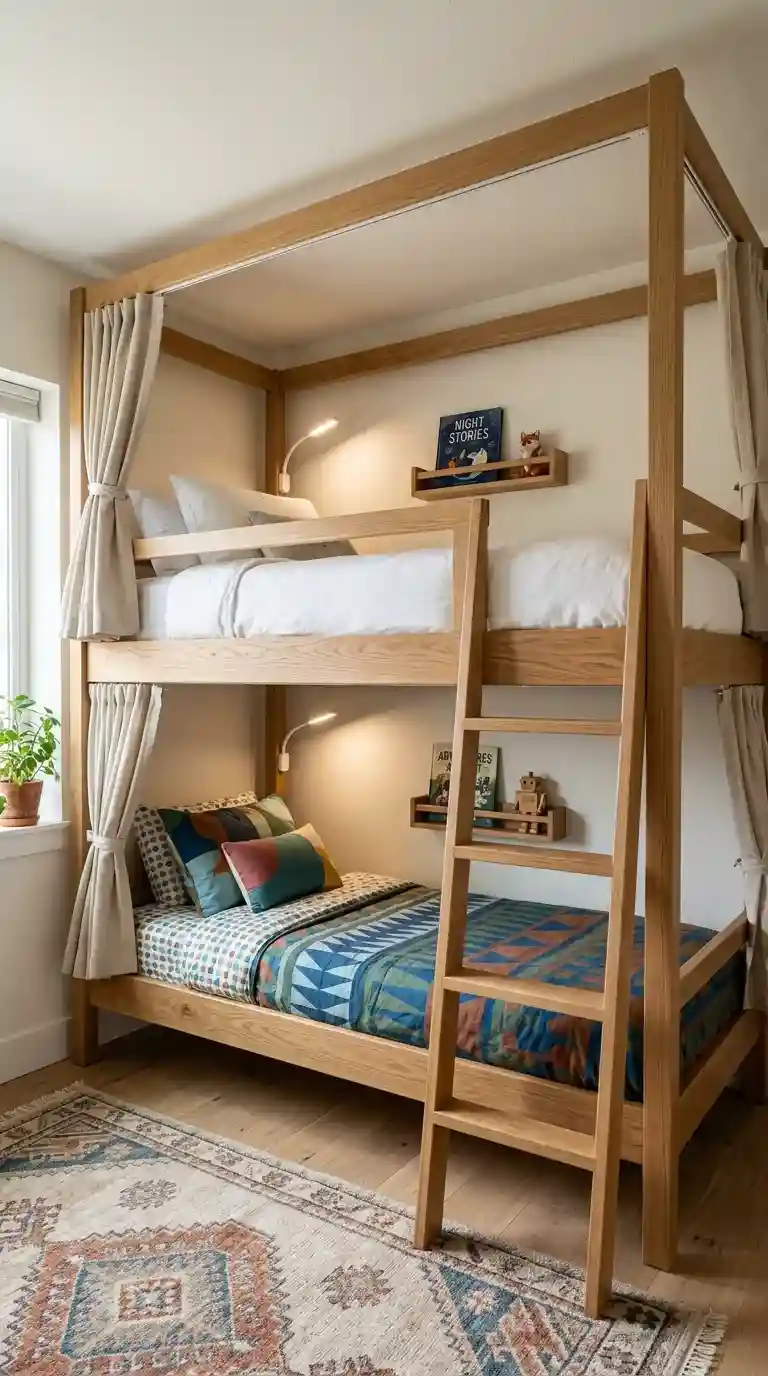 Kids bedroom solid oak bunk bed with individual reading lights inside each bunk privacy curtains wall shelves and soft floor rug