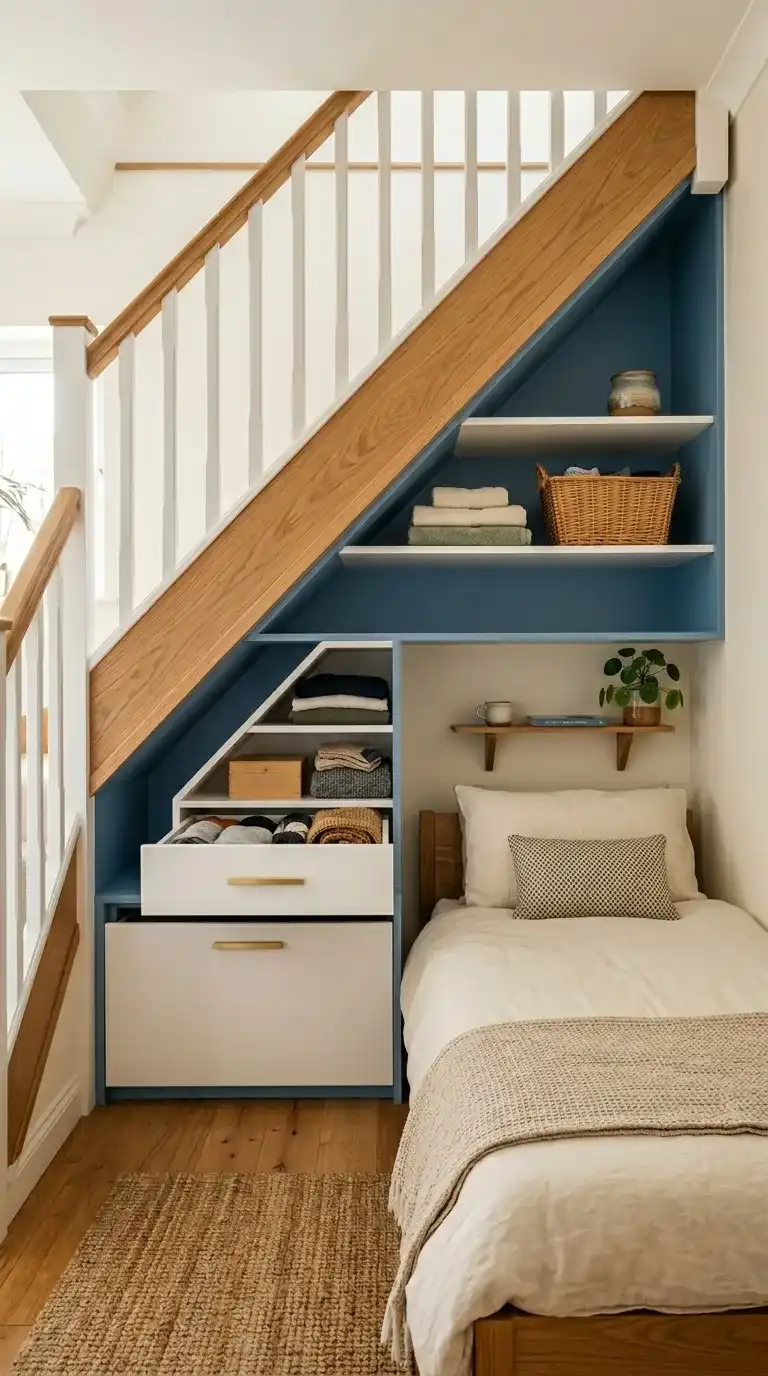 Custom built-in drawers set into under-stair wall space painted dusty blue as a storage feature in a tiny bedroom