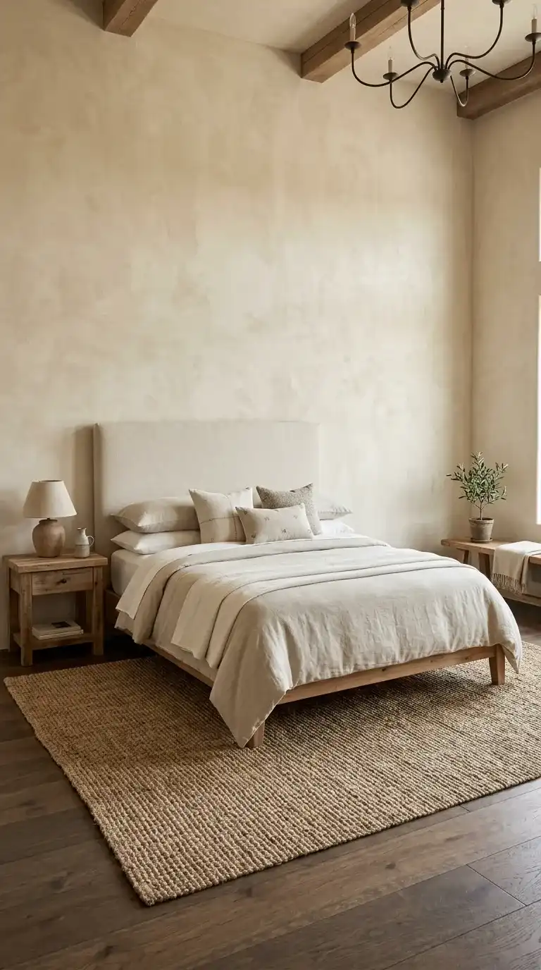 Modern luxury bedroom with warm pale sand limewash plaster walls natural linen headboard oatmeal bedding clay lamp and jute rug