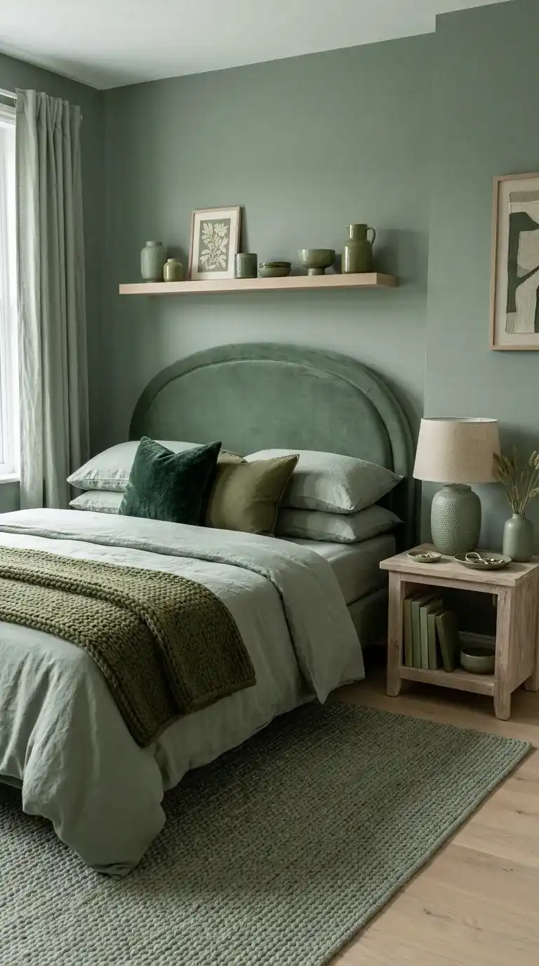 monochromatic sage green bedroom with velvet headboard sage linen bedding olive throw and woven green rug