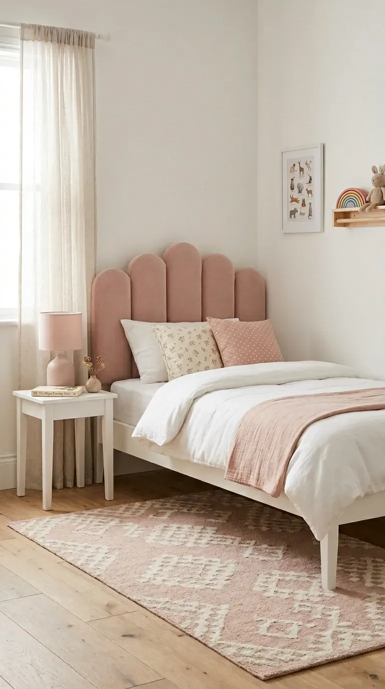 Kids bedroom with soft blush pink scallop-edged upholstered headboard white bedding printed cushions white bedside lamp and blush rug