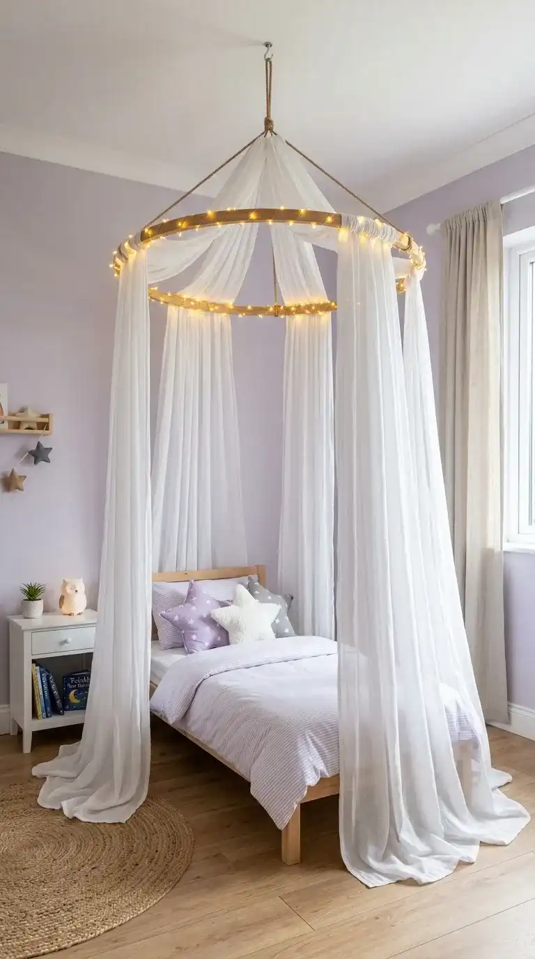 Kids bedroom ideas with a round wooden hoop canopy hung from the ceiling with sheer white fabric and golden fairy lights
