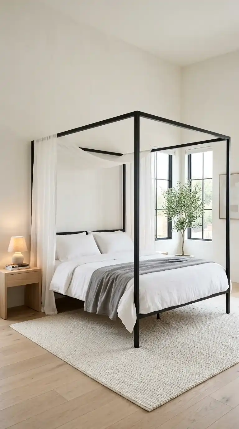 Modern luxury bedroom with complete slim matte black canopy bed frame sheer white linen gauze drape and white bedding on pale wood floor