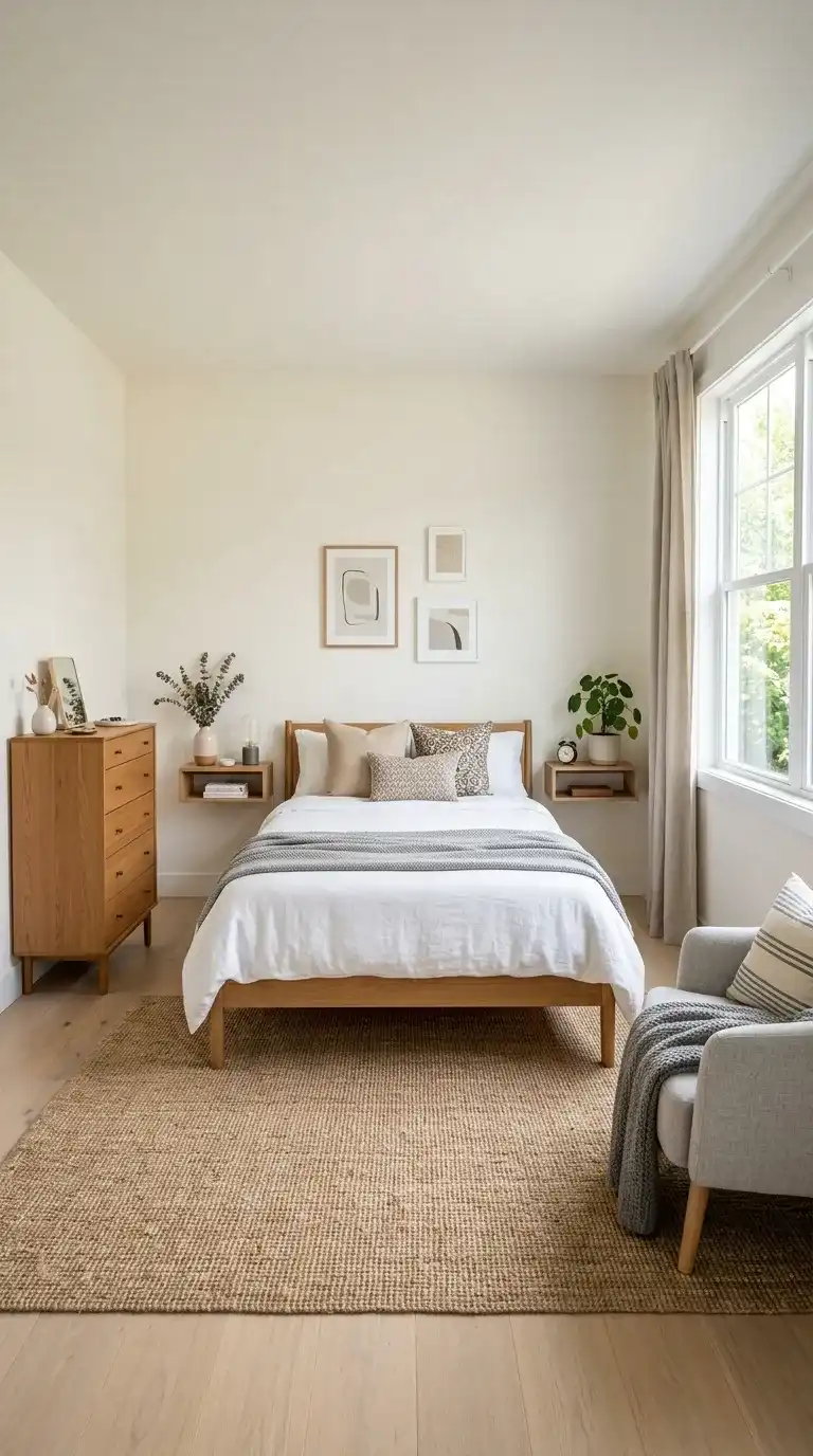 modern tiny bedroom with open balanced furniture layout floating shelf slim dresser and armchair by window