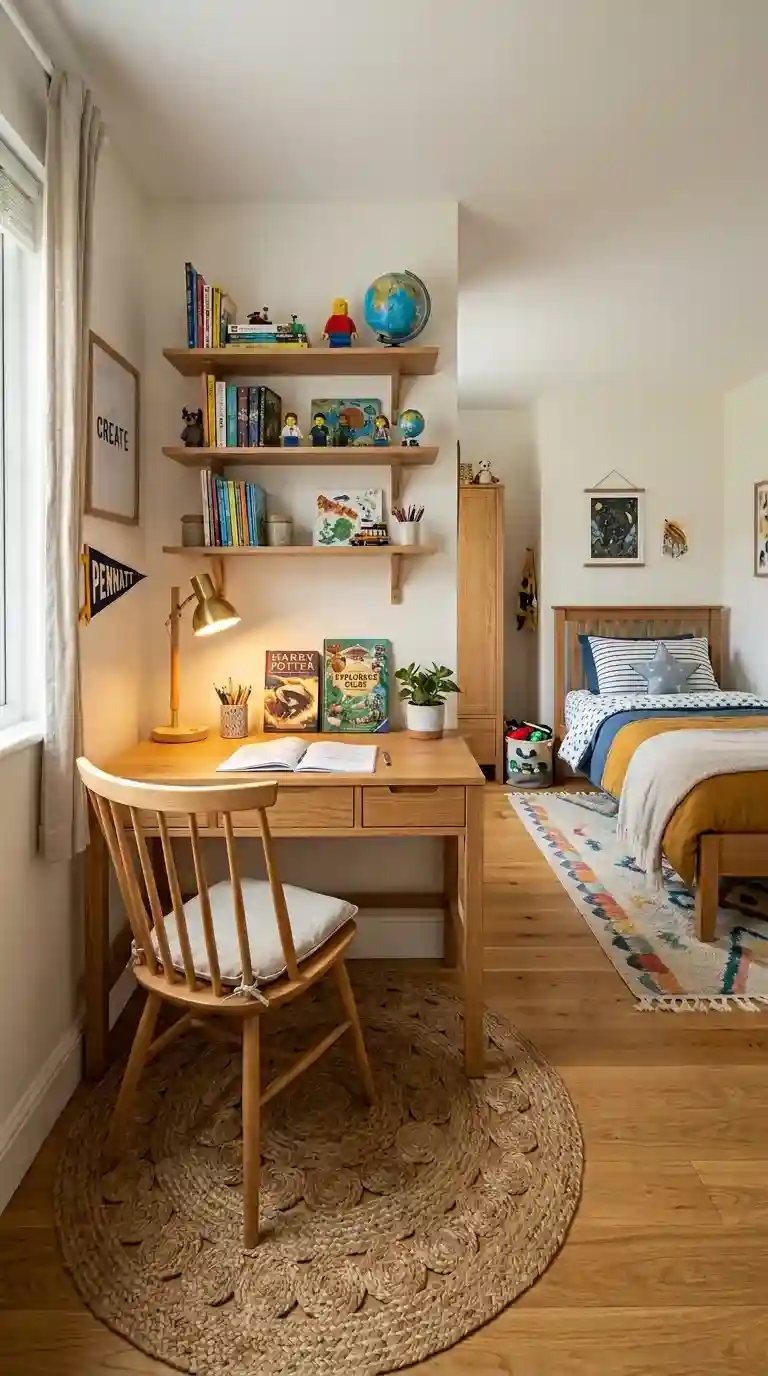 Kids bedroom ideas with solid wood homework desk wooden chair desk lamp floating shelves with books and separate rug under desk zone