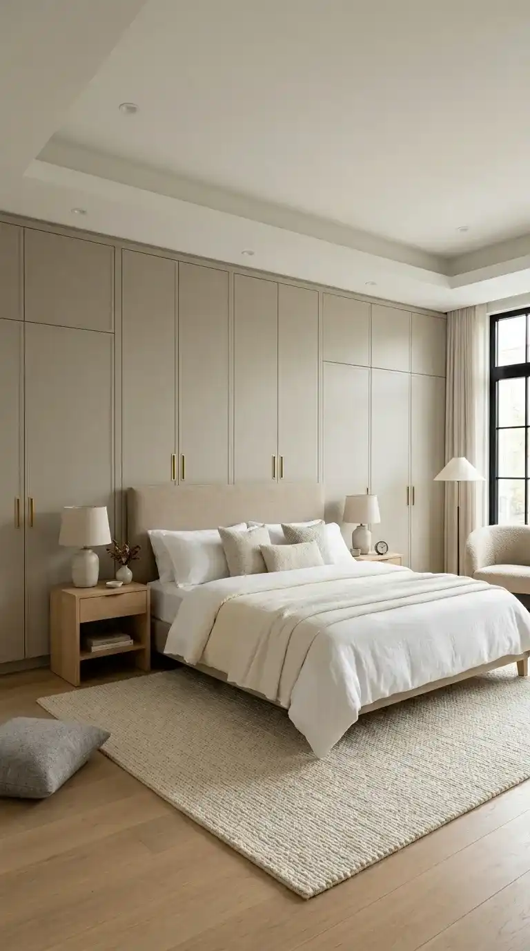Luxury bedroom with seamless built-in wardrobe doors matching greige wall paneling recessed brass handles and cream linen headboard
