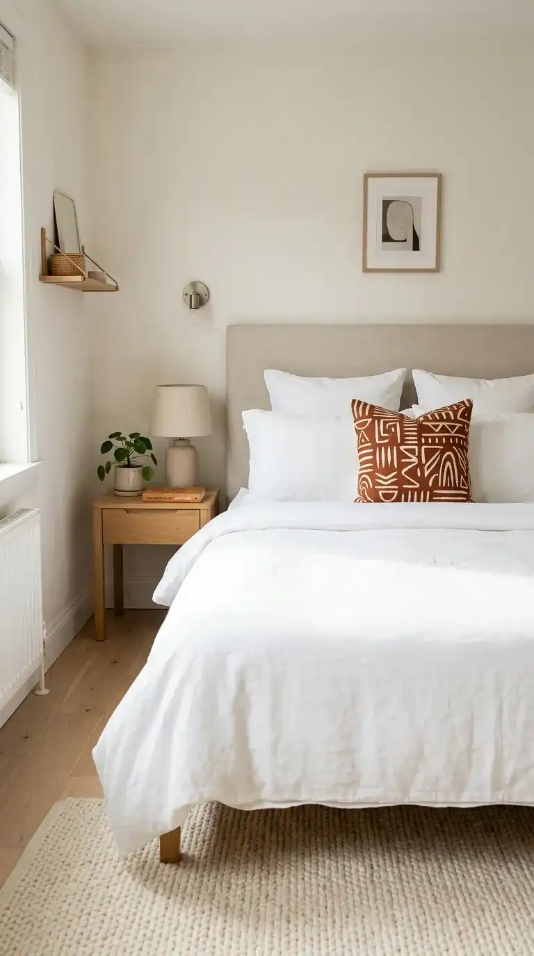 minimal white bedroom bed with one bold rust and cream graphic printed accent cushion as focal point