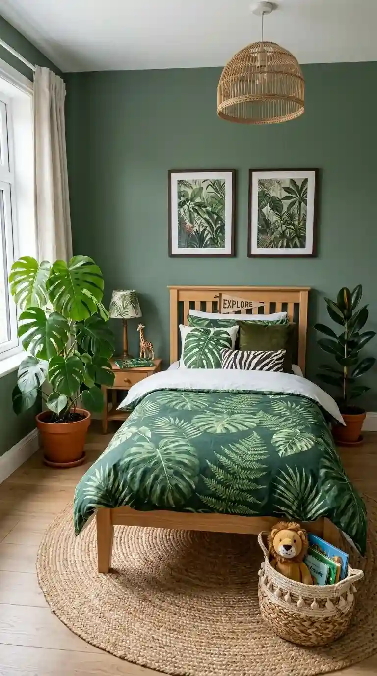 Kids bedroom jungle theme with natural wood bed forest green bedding large monstera in terracotta pot botanical prints and jute rug