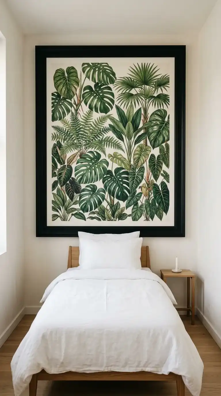 Large botanical art print in a wide black frame above a minimal white bed as the single statement piece in a tiny bedroom