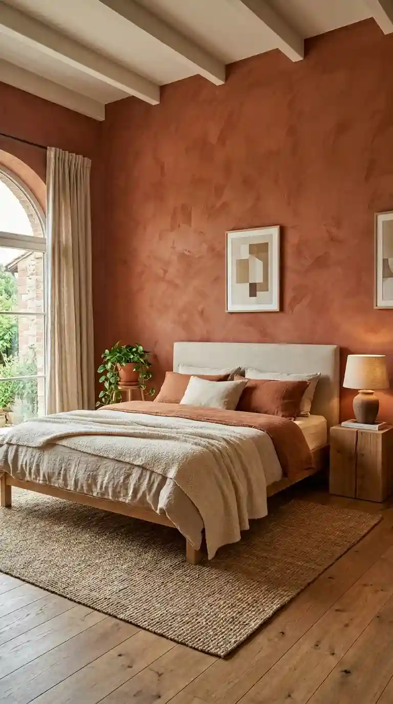 Modern luxury bedroom with terracotta limewash wall natural linen headboard oatmeal rust bedding clay lamp and trailing plant in terracotta pot