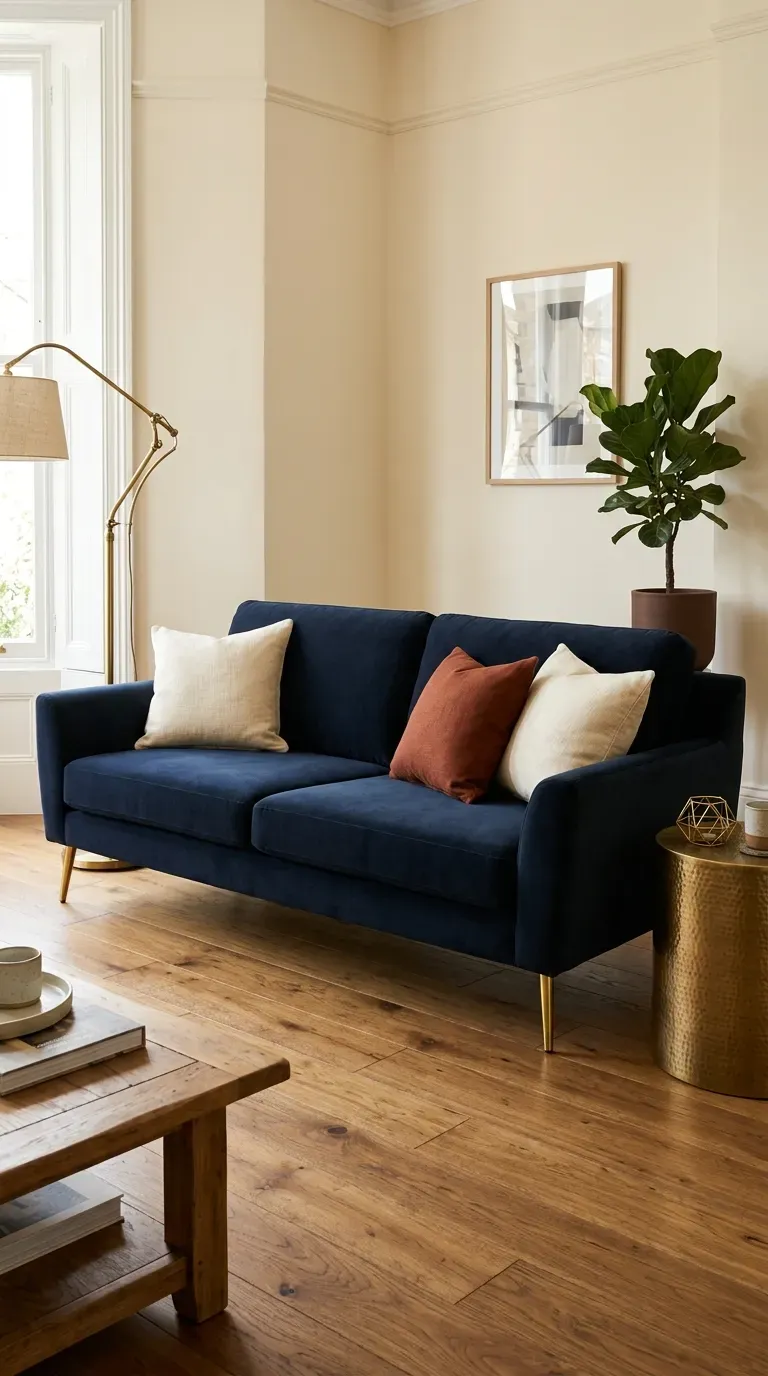Dark blue sofa living room with smooth fabric gold brass legs ivory and rust cushions cream walls brass floor lamp and wood coffee table