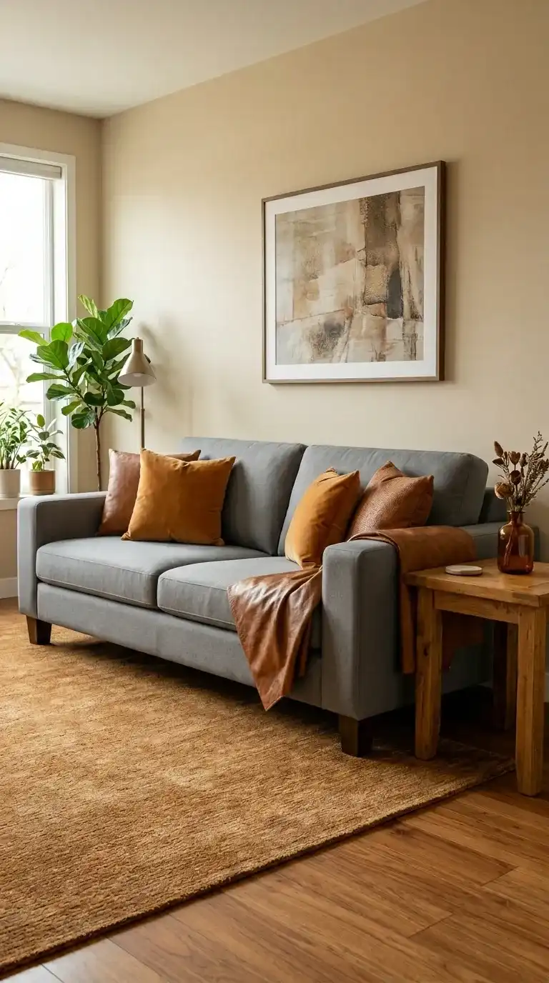 gray sofa with cognac leather throw, amber cushions, honey wood side table, and caramel rug in warm living room