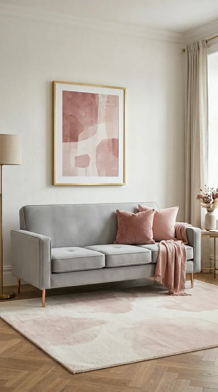 light grey velvet sofa with dusty rose cushions, blush throw, and rose gold tapered legs against white wall