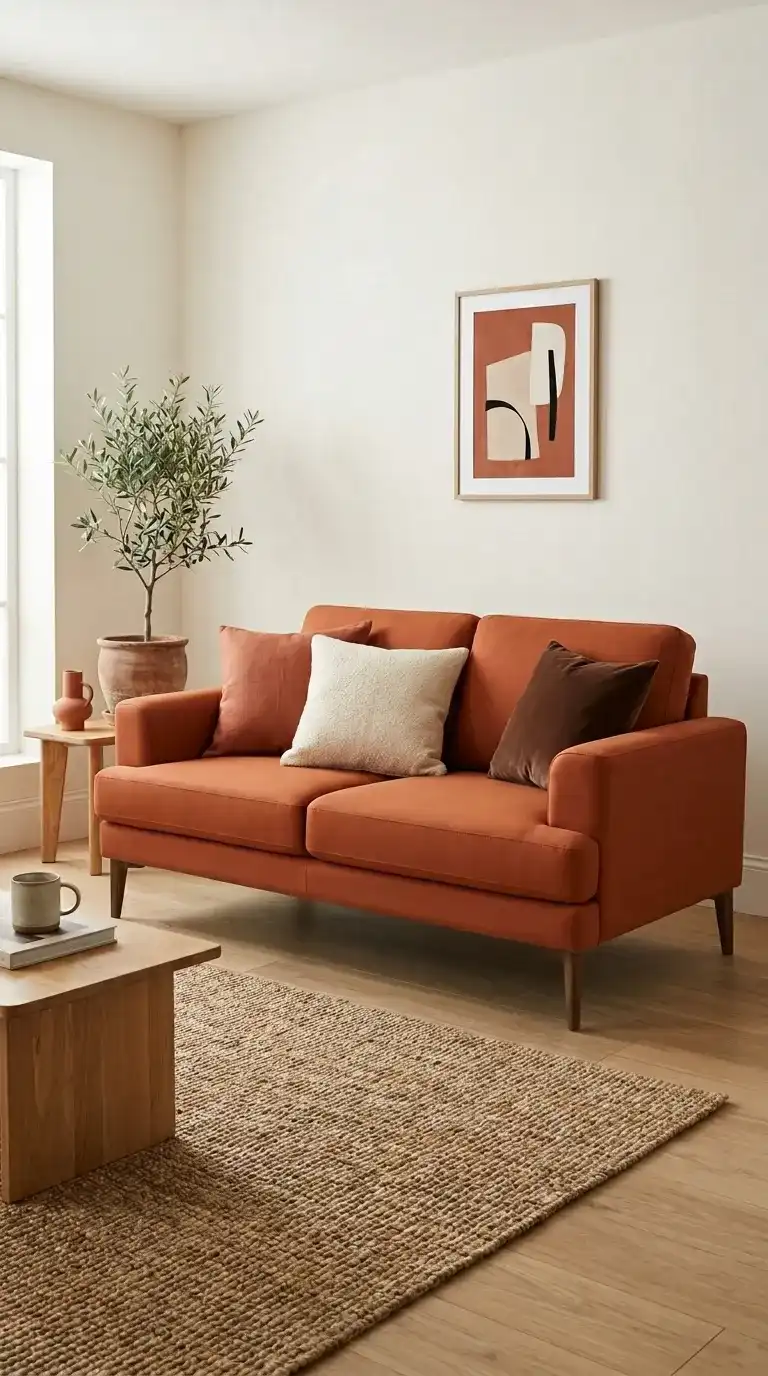 Orange sofa living room with smooth matte fabric walnut legs terracotta cream and brown cushions jute rug and warm white walls