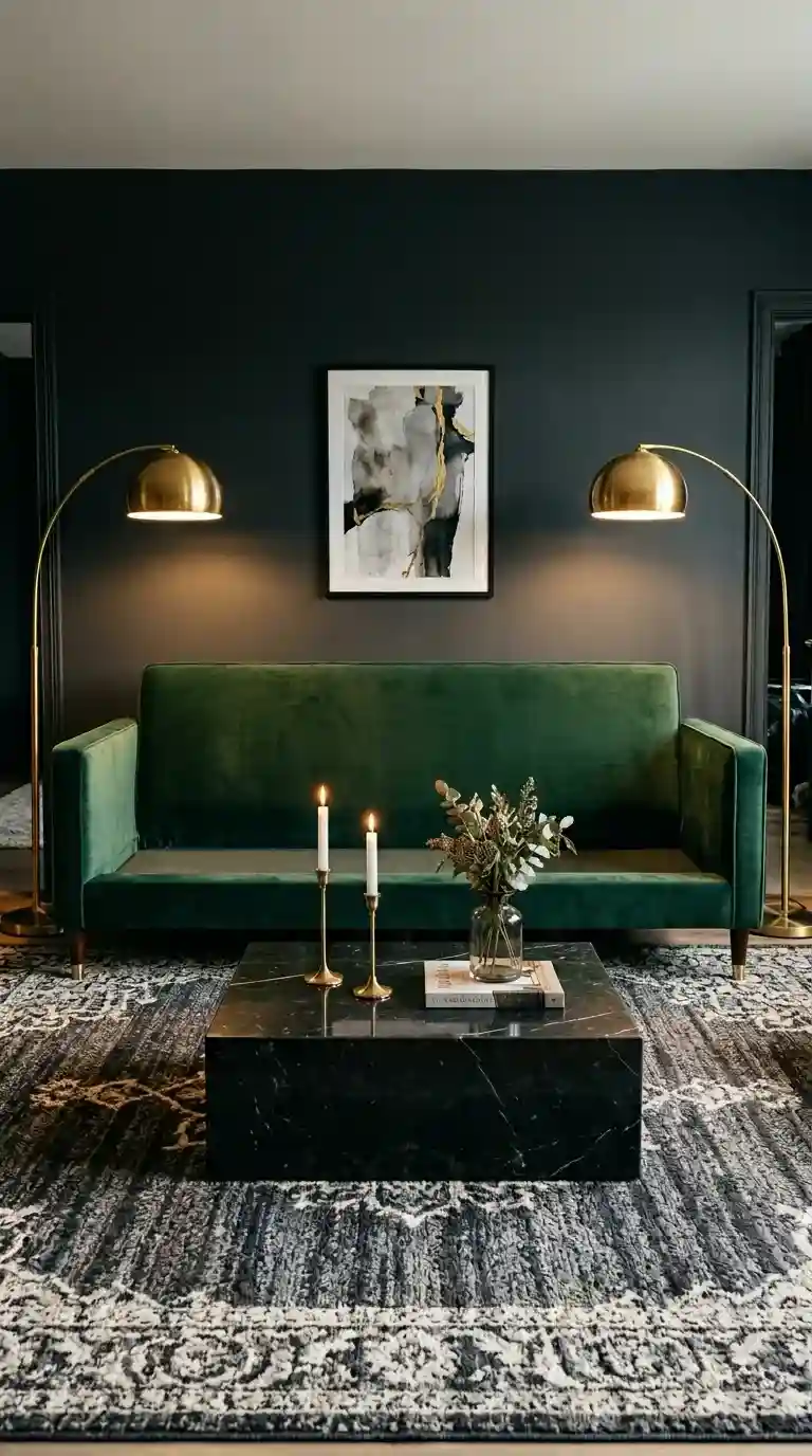 Forest green velvet three-seater sofa close up with black marble coffee table, brass candlestick holders, brass arc lamps, and charcoal walls