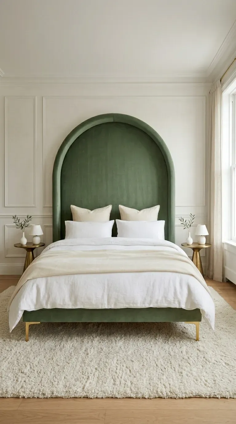 Modern luxury bedroom with tall floor-to-ceiling sage green velvet curved headboard brass bed legs white linen bedding and cream rug