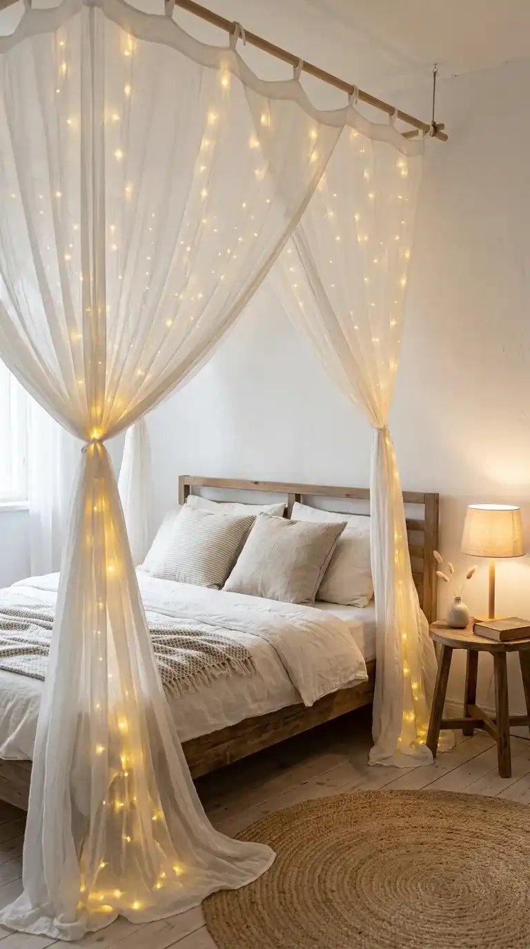 dreamy bedroom with sheer white fabric canopy fairy lights above wooden bed and linen cushions