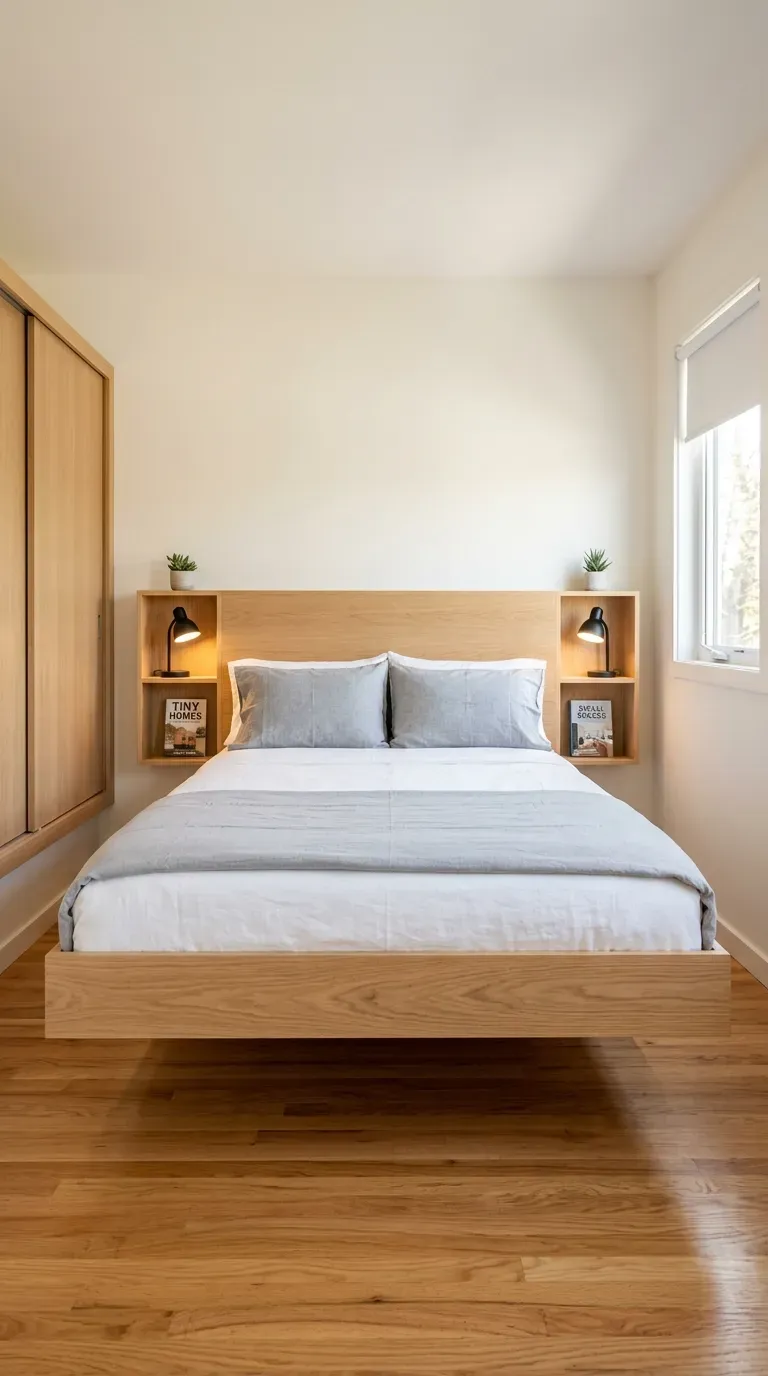 Wall-mounted floating platform bed with built-in wooden shelving headboard and clear open floor space in a minimal bedroom