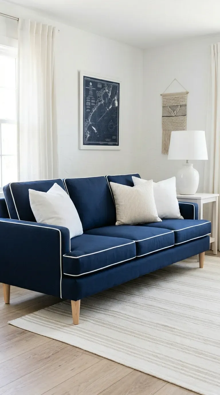Navy blue cotton canvas sofa with white piping detail and ash legs styled with crisp white pillows on a striped cream rug