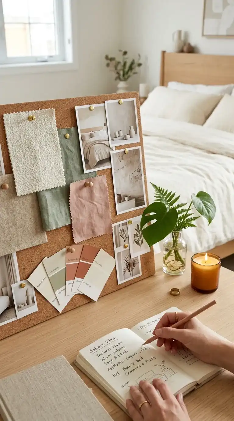 bedroom mood board flat lay with fabric swatches paint chips boucle swatch plant cutting and handwritten notes