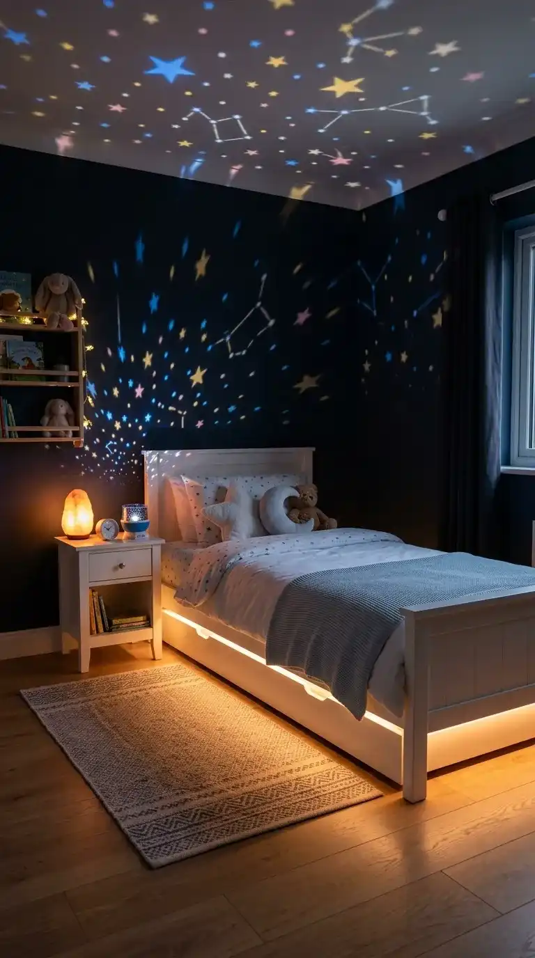 Kids bedroom at night with star projector ceiling constellations amber salt lamp warm LED bed base glow and pale blue white bedding