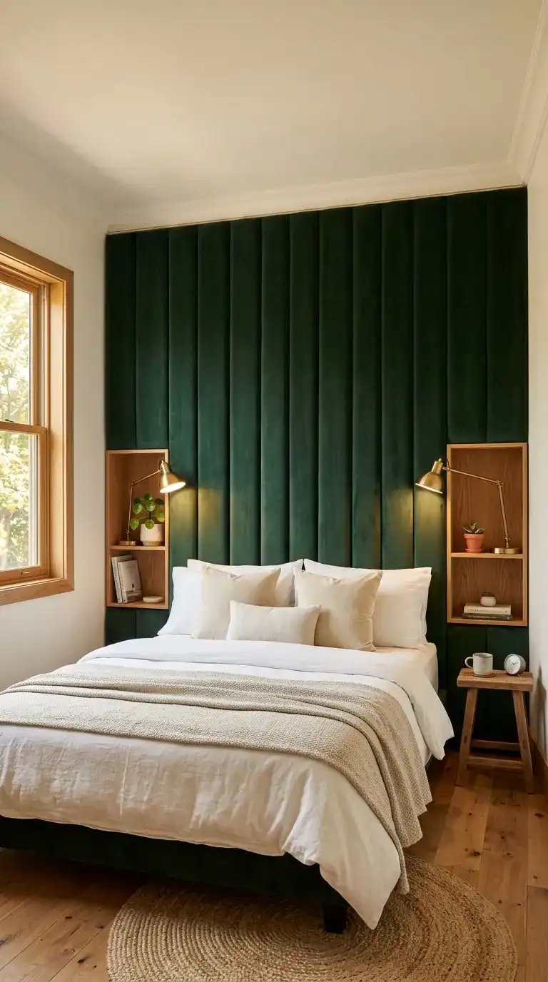 Tall floor-to-ceiling forest green velvet headboard with integrated side shelves as the focal point of a small bedroom