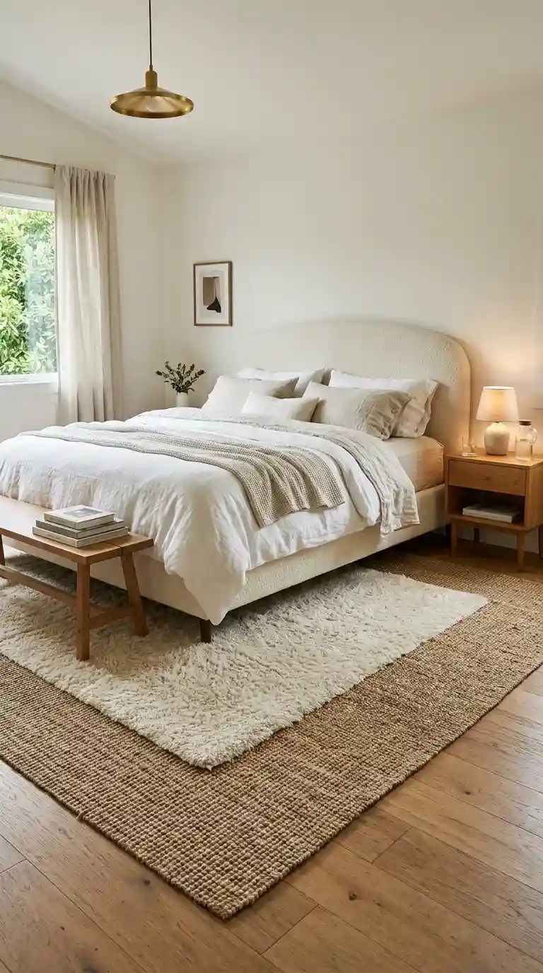 Luxury bedroom with layered natural jute base rug and plush cream rug beneath complete bed white bouclé headboard and oatmeal linen bedding