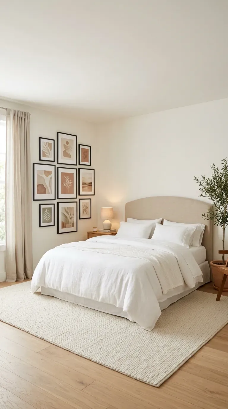 Modern luxury bedroom with curated matte black frame gallery wall of ten artworks in earthy tones above cream rug and curved linen headboard