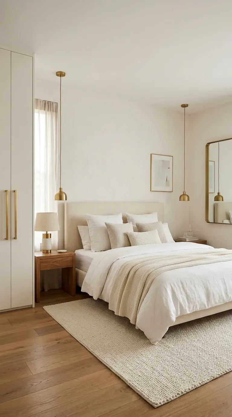 Modern luxury bedroom with consistent brushed brass pendants wardrobe handle mirror frame and lamp base on cream linen headboard and white bedding