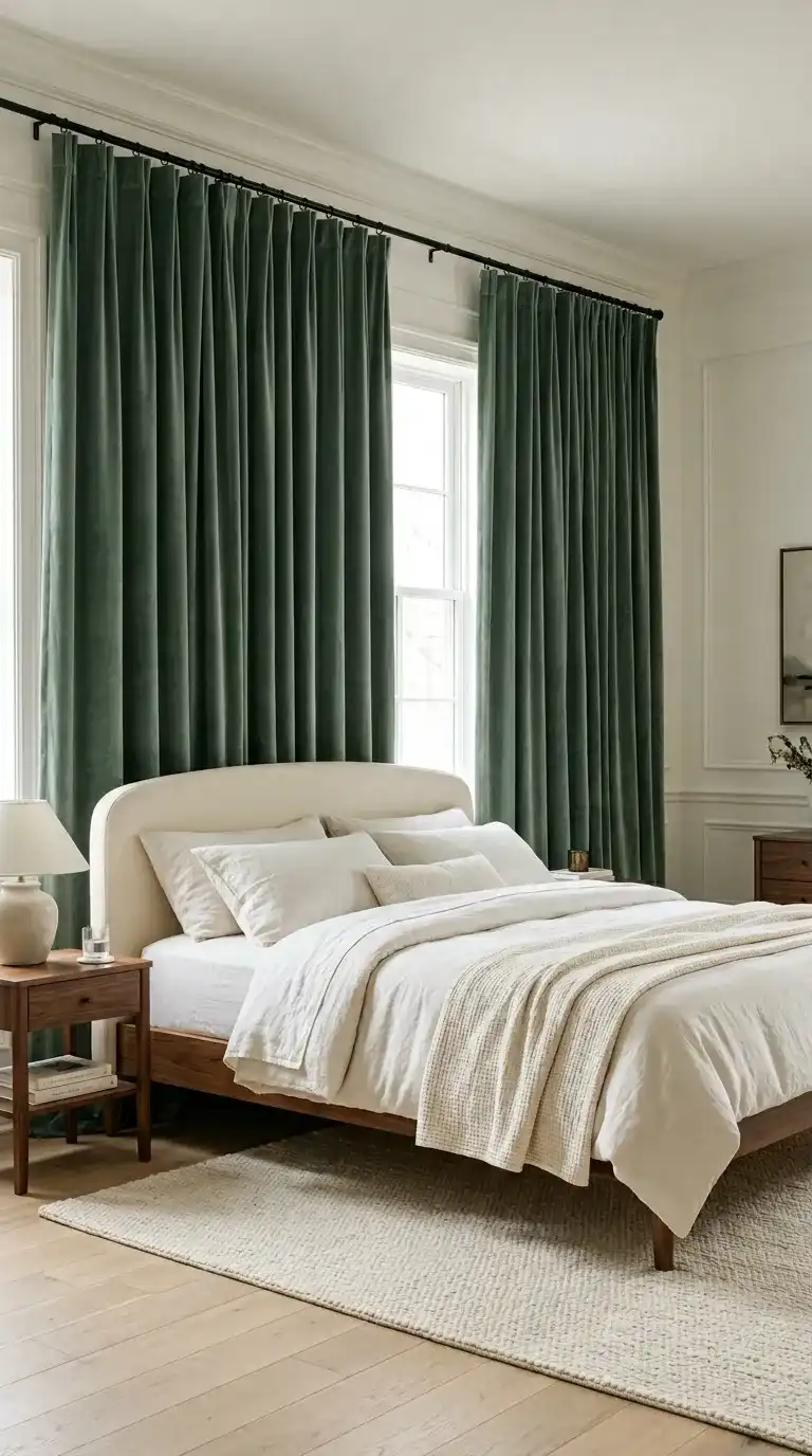Modern luxury bedroom with consistent brushed brass pendants wardrobe handle mirror frame and lamp base on cream linen headboard and white bedding