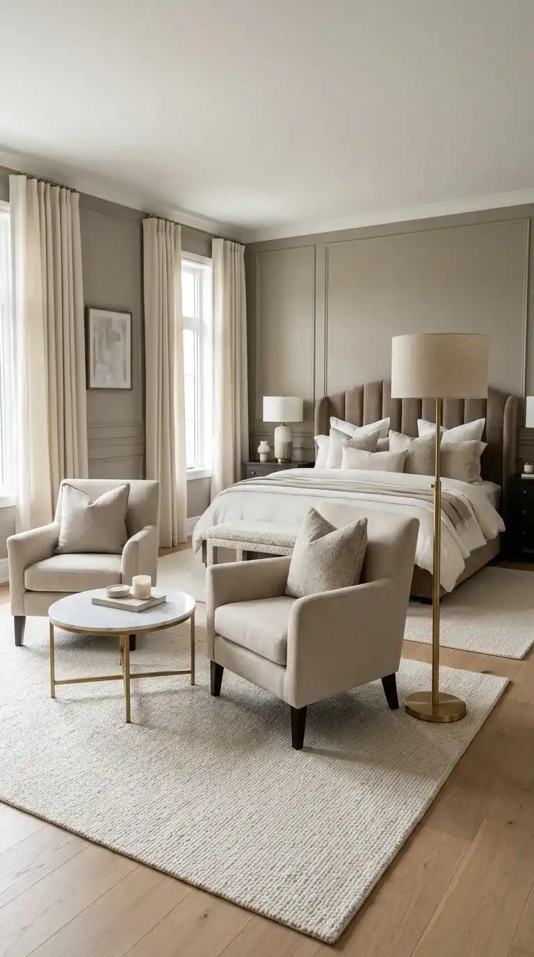 Modern luxury bedroom suite with complete linen armchairs round marble coffee table brass floor lamp and king-size velvet headboard bed visible