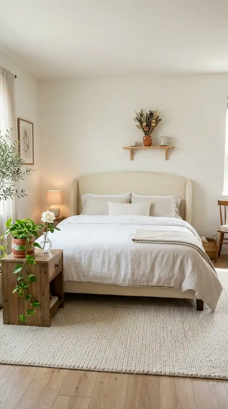 Modern luxury bedroom with white rose bud vase trailing pothos ceramic lamp on bedside table and dried botanicals on floating shelf above