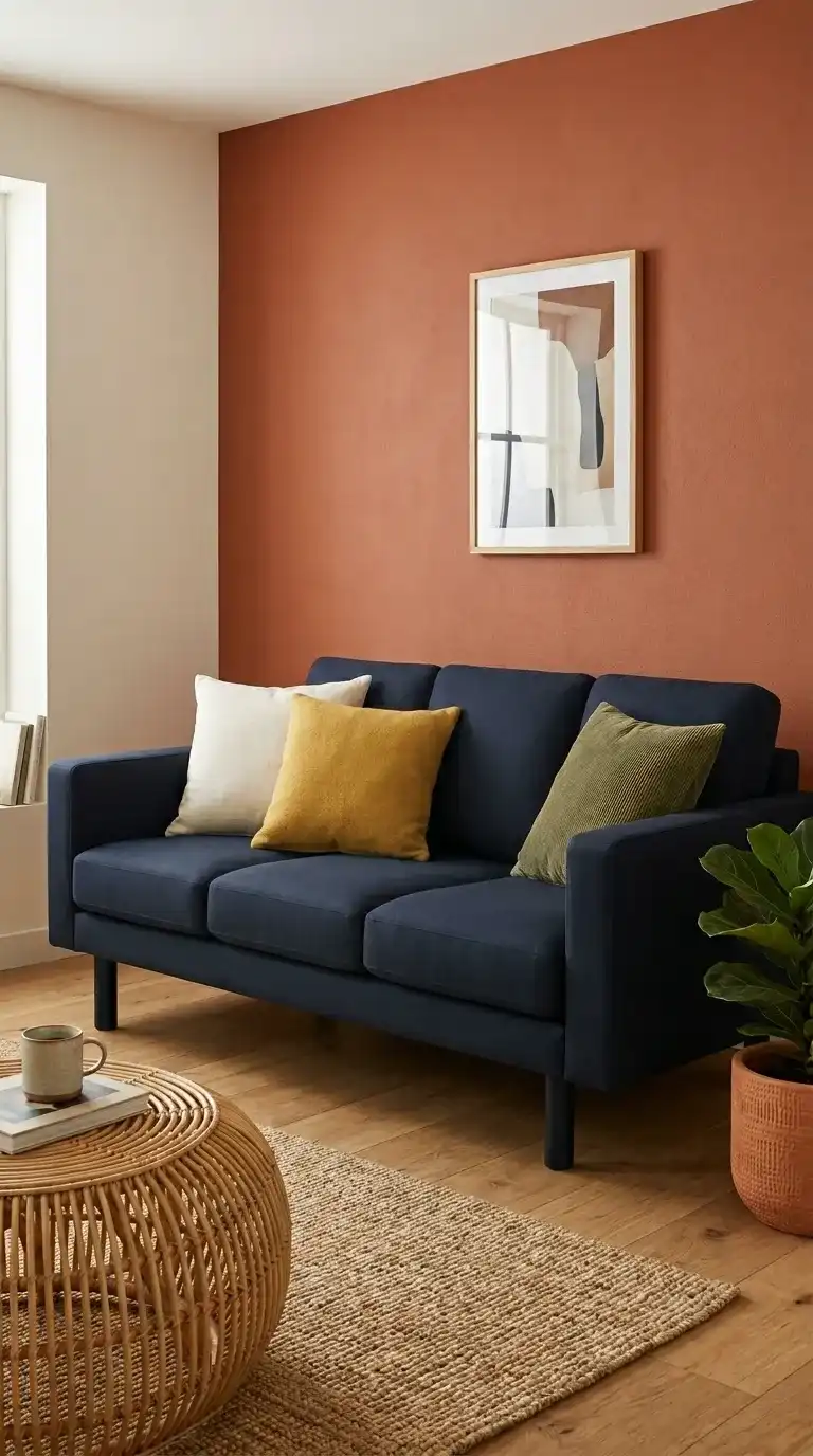 Dark navy sofa with matte black legs white mustard and olive cushions against rich terracotta clay wall and rattan coffee table
