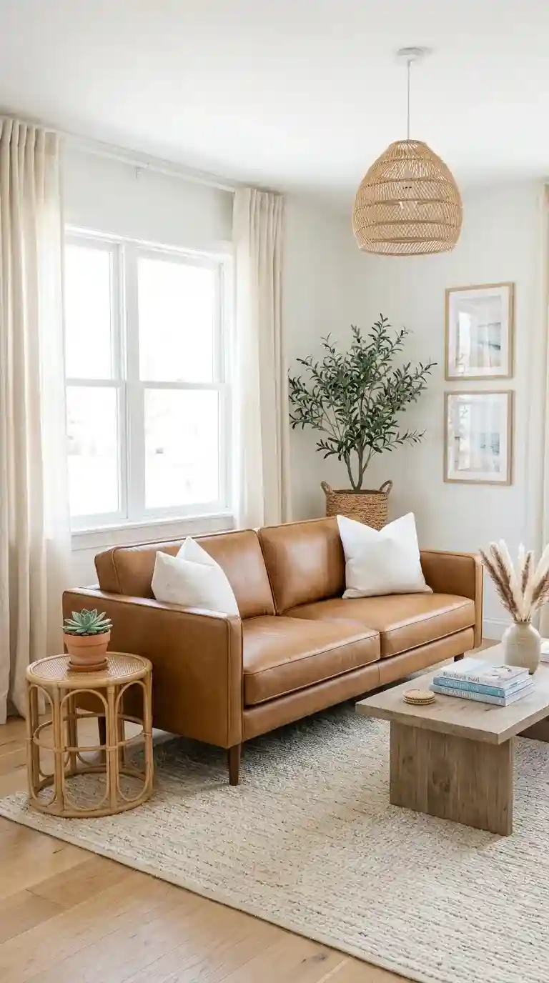 tan brown leather sofa with white linen cushions rattan side table and jute rug in coastal living room