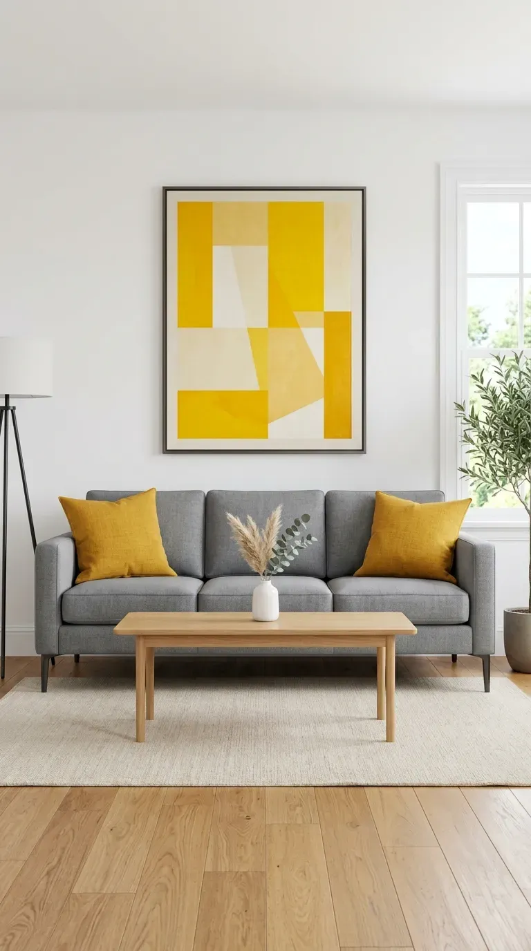 medium gray sofa with mustard yellow cushions and large yellow abstract framed wall art in bright white living room